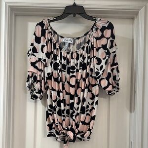 Black and Pink Ruched Puff Sleeve Blouse